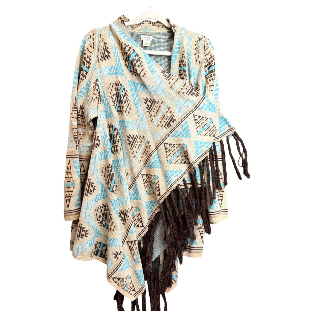 Tasha Polizzi Women L Blue Brown Cotton Tribal Fringe Wrap Cardigan Sweater READ